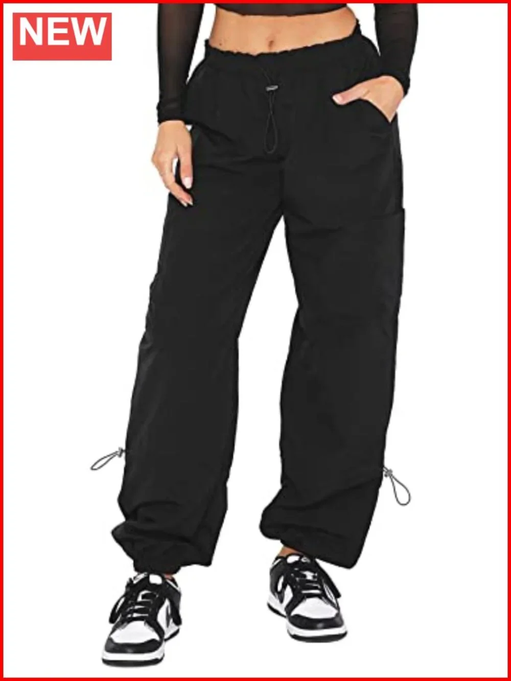 Baggy Cargo Parachute Pants with Pockets, Drawstring Waist